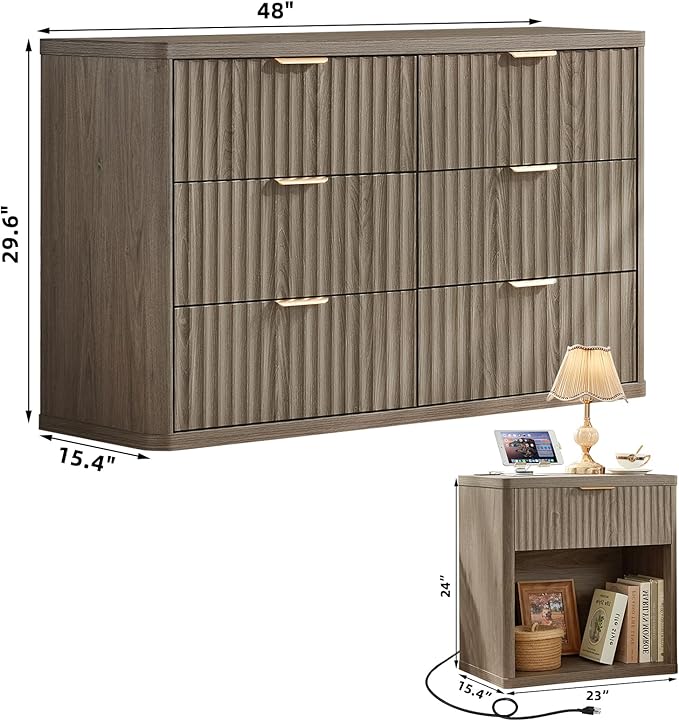 LEYAOYAO 48" Wide Fluted Dresser and 1 Drawers 23" Nightstand Set of 2 - Image 3