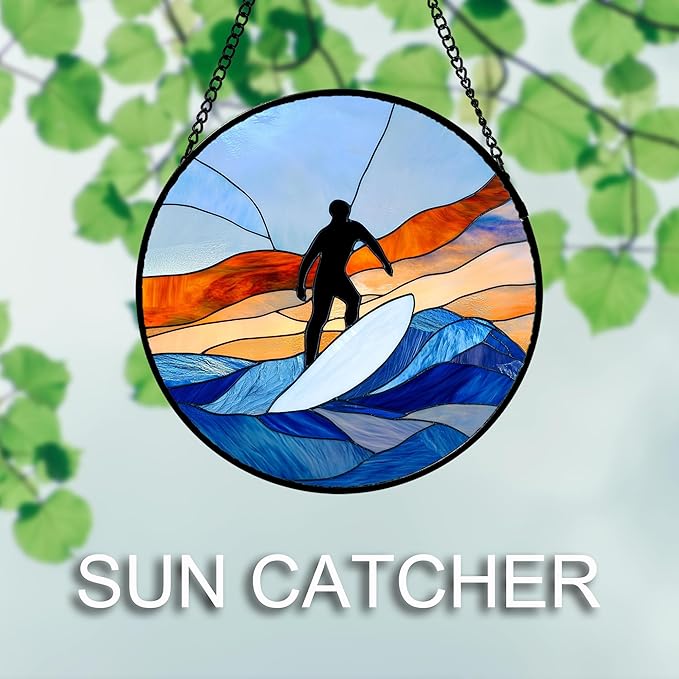 AMDERVEN Stained Glass Window Hanging 4 Pcs Set Blue Ocean Surfing Beach 9.8" - Image 3