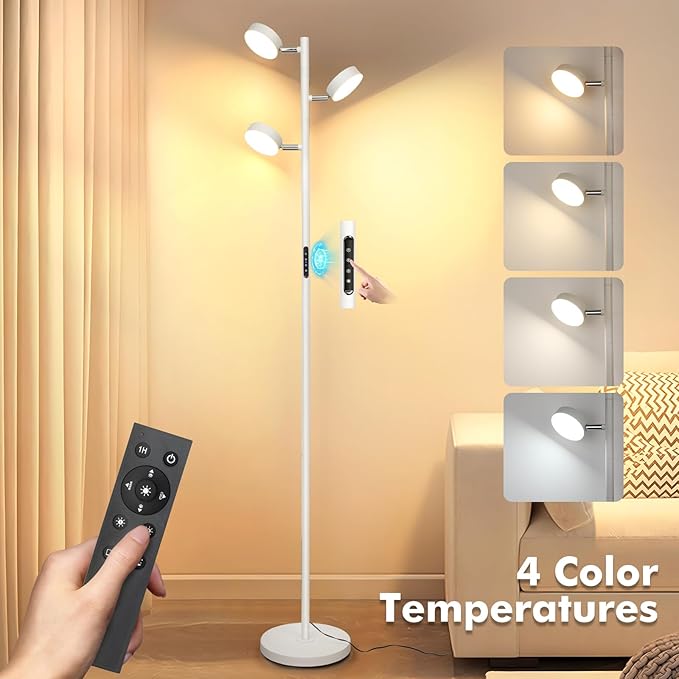 White Floor Lamp with Remote Tall Standing Lamps 30W LED Tree Floor Lamp with 3 - Image 2