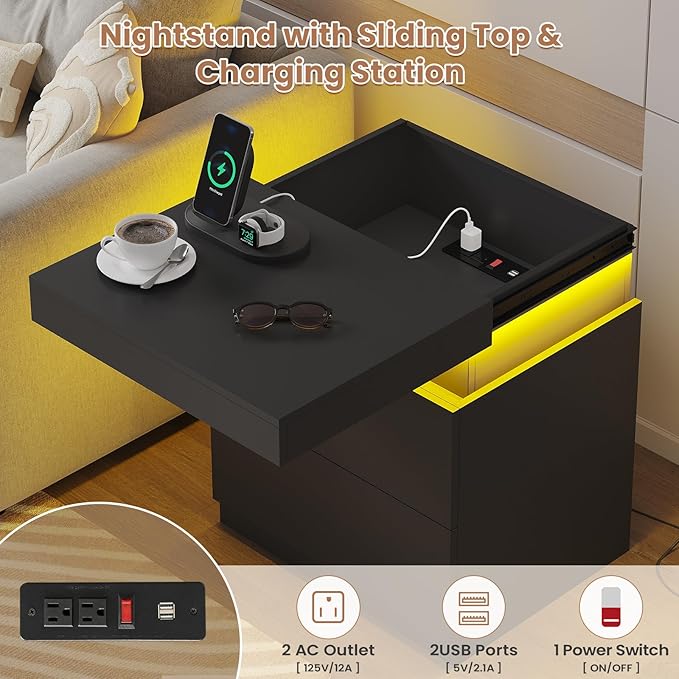 ADORNEVE Black Nightstand with Charging Station and LED Lights, Night Stand - Image 3
