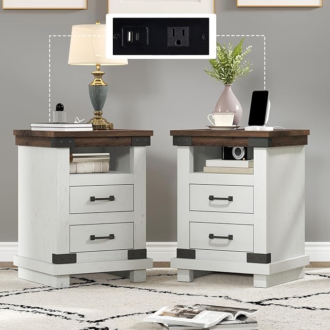 AMERLIFE Farmhouse End Table Set of 2, Heavy Duty Bedside Nightstands by AMERLIFE