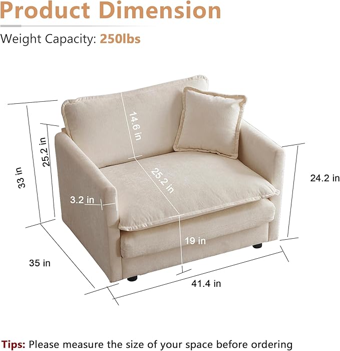 mikibama 41.4" W Single Seat Sofa, Chenille Comfy Deep Upholstered Couch - Image 2