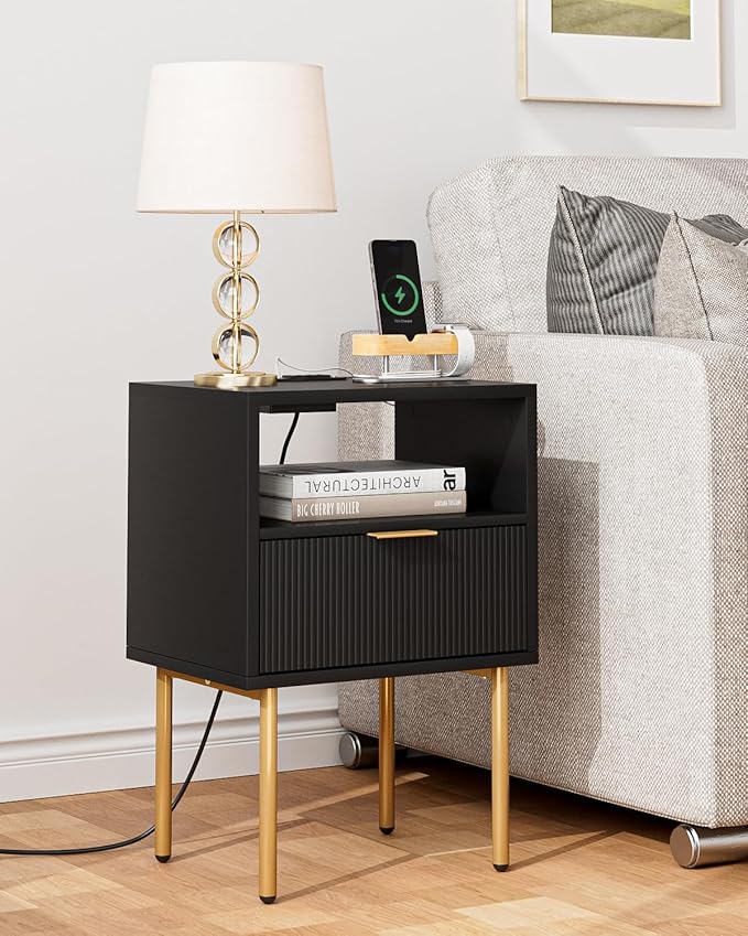 Masupu Nightstand with Charging Station, Mid-Century Modern Bedside Table with - Image 8