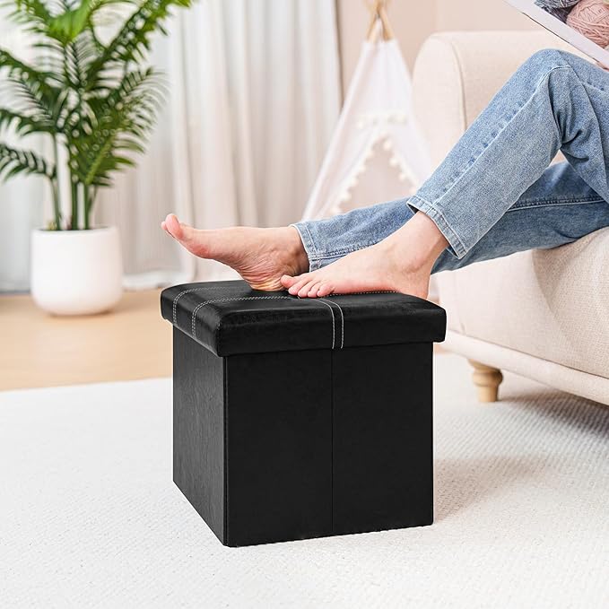 B FSOBEIIALEO Folding Storage Ottoman Cube, Faux Leather Footrest Seat Coffee - Image 2