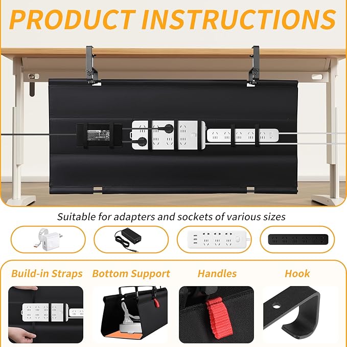 No Drill Under Desk Cable Management Tray, Fabric Cable Management - Image 5