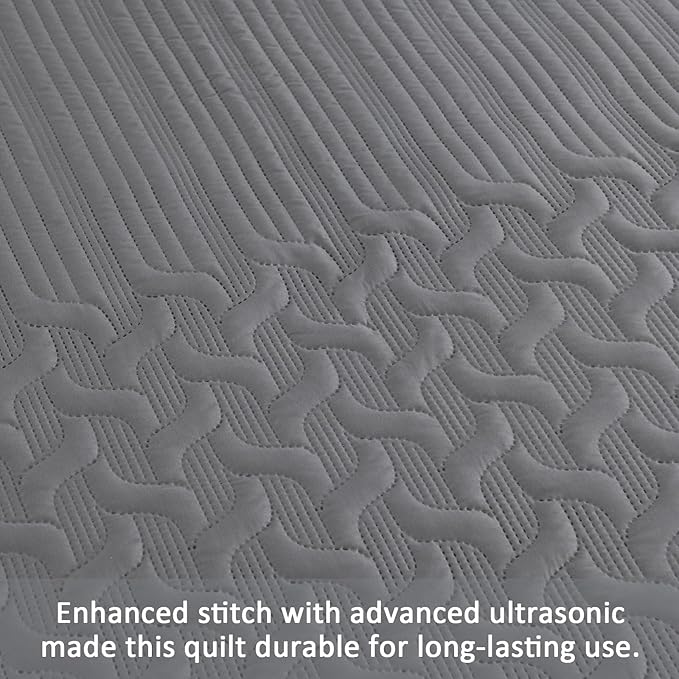 Yiran Grey Quilt Set Queen Size Lightweight Bedspread Ultrasonic Wave Pattern - Image 5