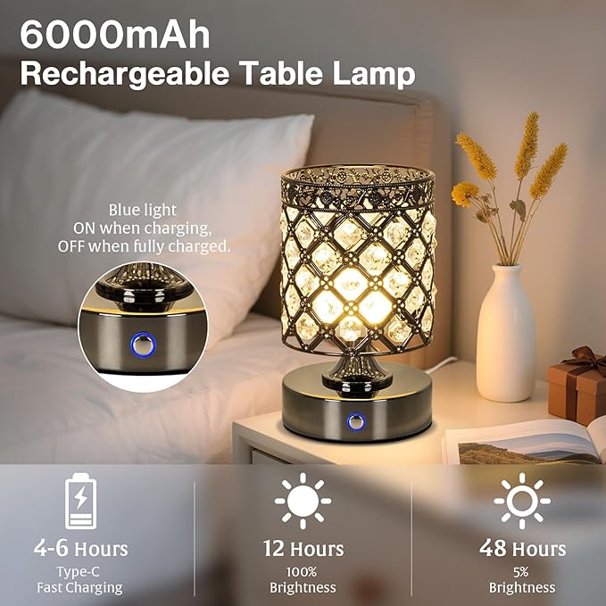 TOBUSA Black Rechargeable Cordless Table Lamp, Portable 6000mAh Crystal Battery - Image 2