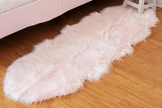 Silky Soft Faux Fur Rug, 2 ft. x 6 ft. Pink Fluffy and Shaggy Sheepskin Area by WalkonMe