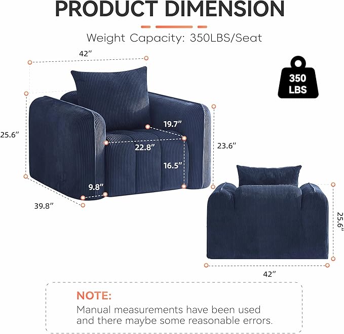 Oversized Boneless Corduroy Accent Chair, Comfy Deep Seat Armchair - Image 2