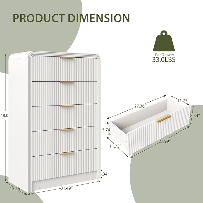 Fluted 5 Drawers Dresser, Wood Drawer Organizer - Image 2