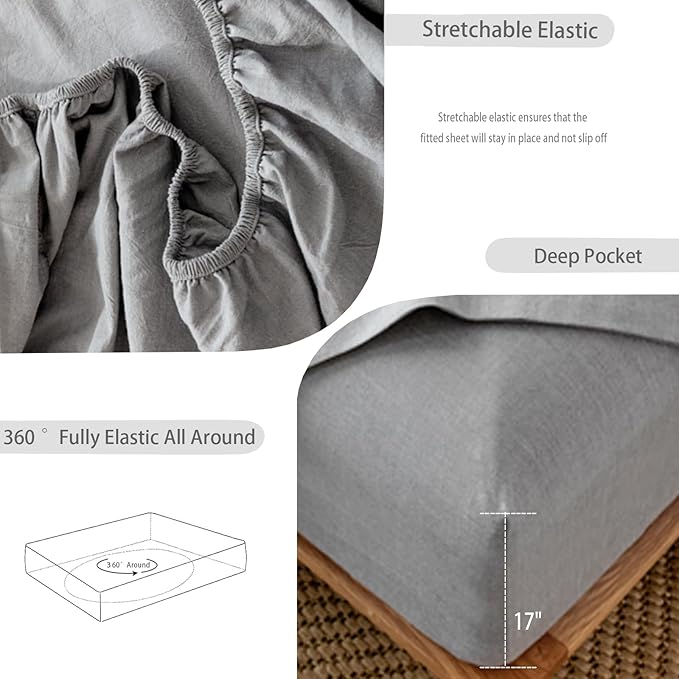 MooMee Fitted Bottom Sheet Only 100% Washed Cotton Linen Like Textured - Image 4