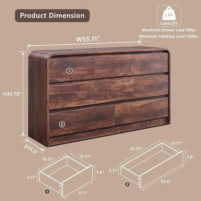 Modern 8 Drawers Dresser for Bedroom, Wood Mid Century Storage Dressers - Image 2