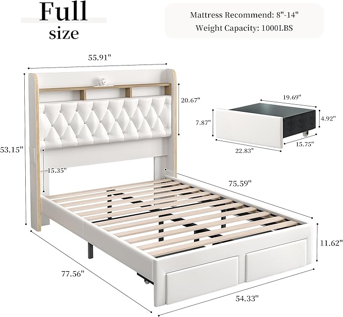 Full LED Bed Frame with 2 Storage Drawers, PU Upholstered Platform Beds with - Image 2