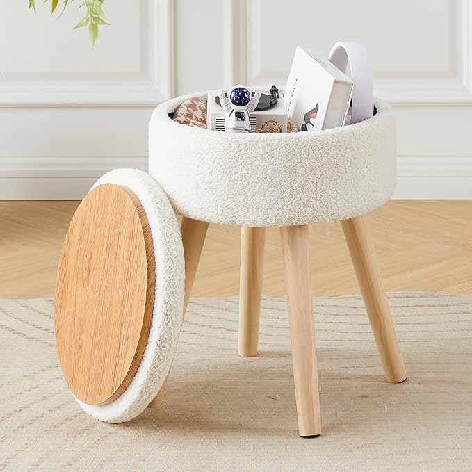 Mxfurhawa Storage Ottoman Foot Stool Teddy Velvet Round Vanity Stool Tray Top by Mxfurhawa