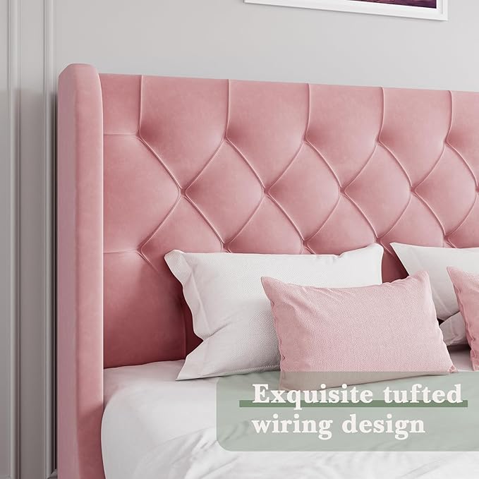 HOMBCK Pink King Size Bed Frame, Upholstered Platform Bed Frame - Image 4
