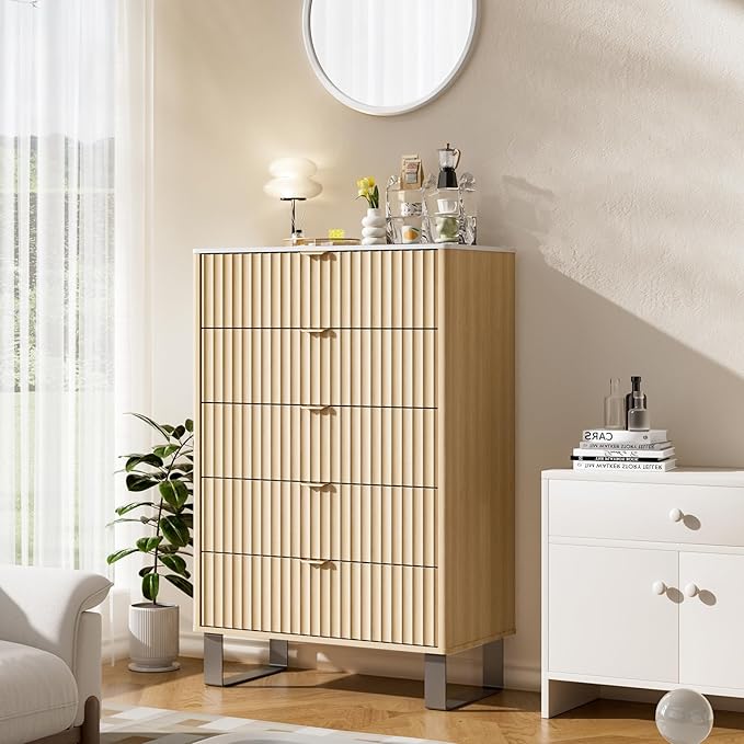 Fluted 5 Drawers Dresser, Wood Storage Organizers - Image 7