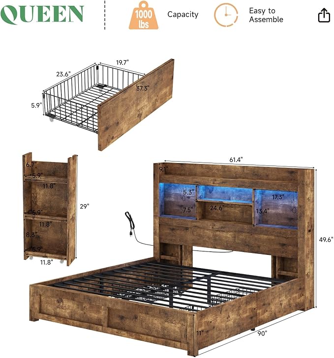 AMERLIFE Full Bed Frame with 4 Storage Drawer, LED Bed Frame with 49.6" Tall - Image 2