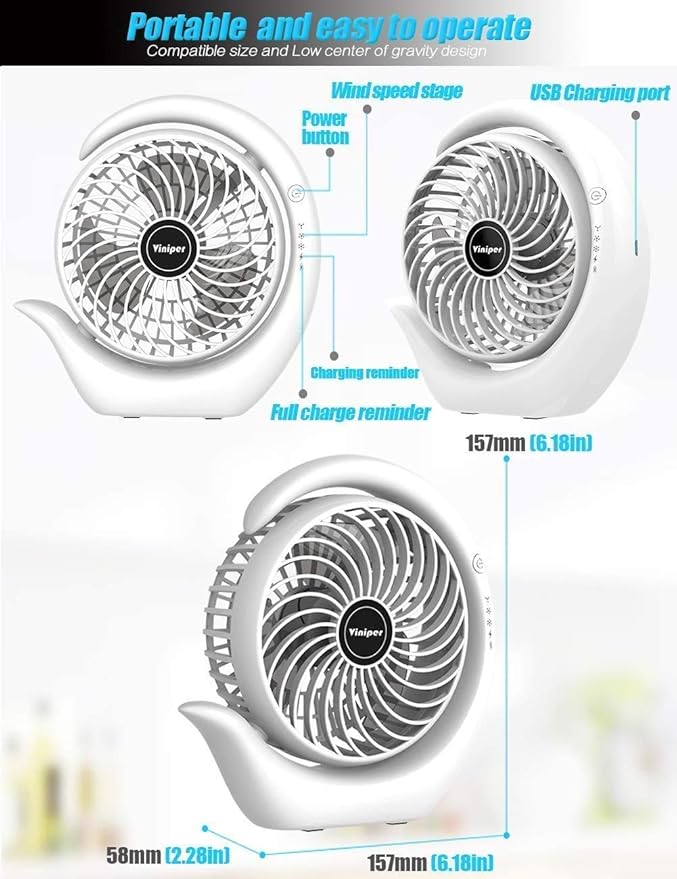 Viniper Portable Rechargeable Fan, Small Desk Fan : 3 Speeds & about 8-24 Hours - Image 4