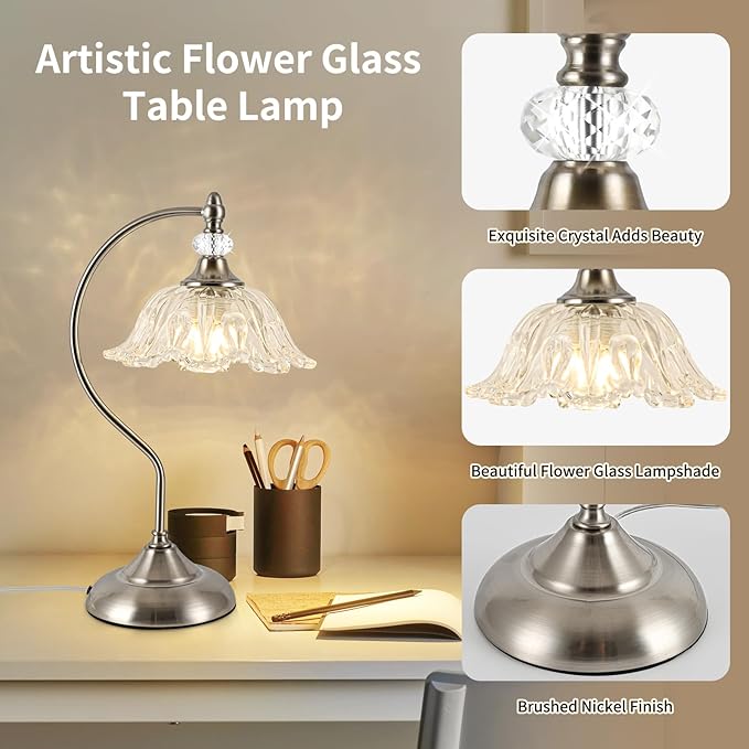 Brushed Nickel Table Lamp with a Floral Clear Glass Shade, A Plug-in Nightstand - Image 2