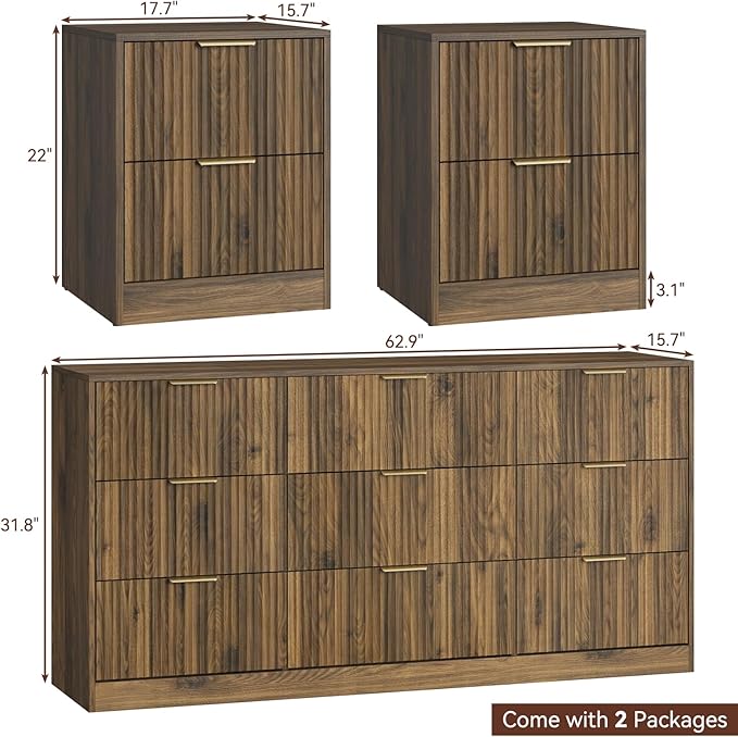 9 Drawer Dresser & Nightstand Set 3-Piece, 63” Wide Walnut Bedroom Dresser and - Image 3