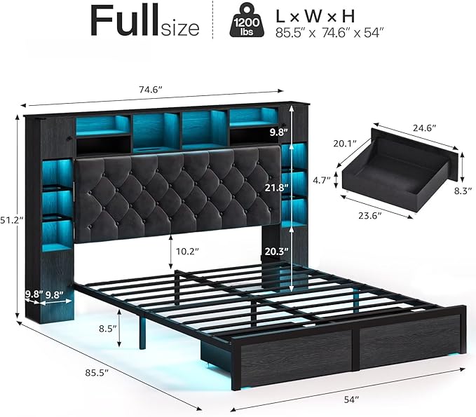 Full Size Bed Frame with Bookcase Headboard and Storage Drawers, 51.2" Metal - Image 2