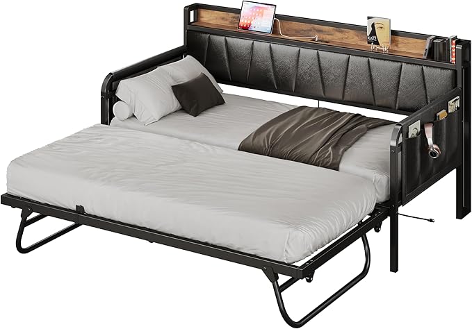 LIKIMIO Daybed with Trundle Bed, Twin Bed Frame with Storage Headboard and by LIKIMIO