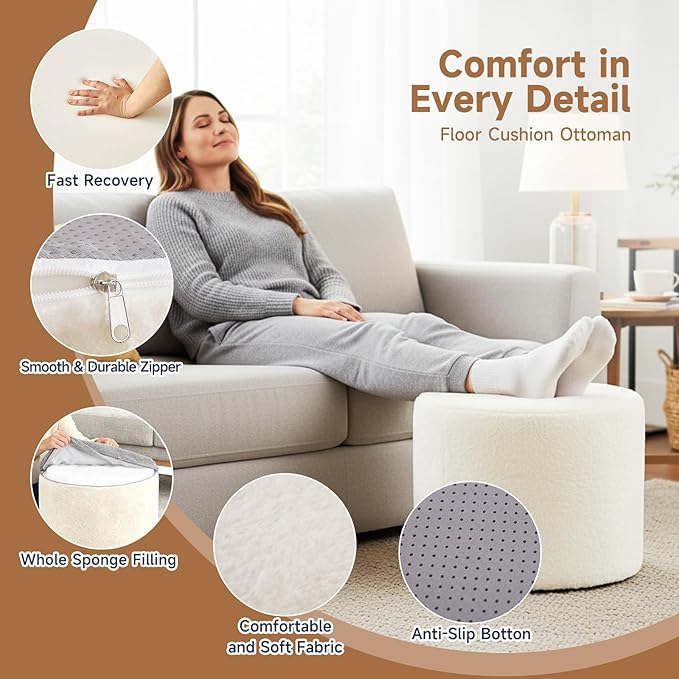 Tiita Round Stuffed Pouf Ottoman, Plush Poufs - Image 4