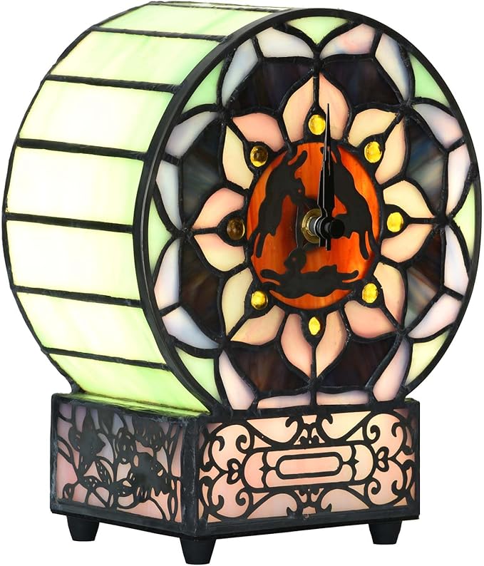 Bieye L12017 Tiffany Style Stained Glass Desk Clock Table Lamp by Bieye