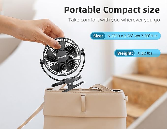 Svinkal USB Personal Clip on Fan 5000mAh Battery Operated 6in, Type C, 3 Speed - Image 5