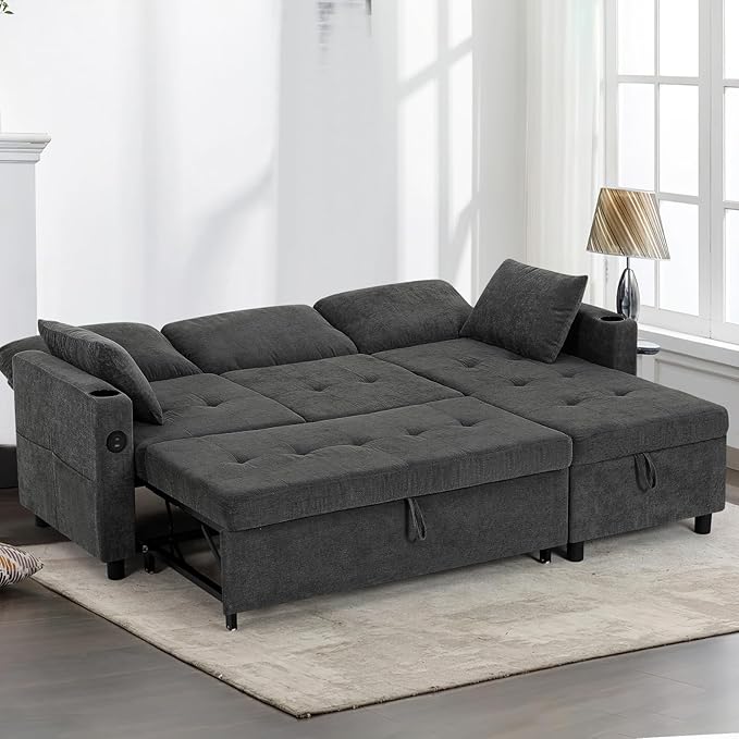 84" Fabric Pull Out Sofa Bed w/Adjustable Backrest, L-Shape Modern Sleeper Sofa - Image 8