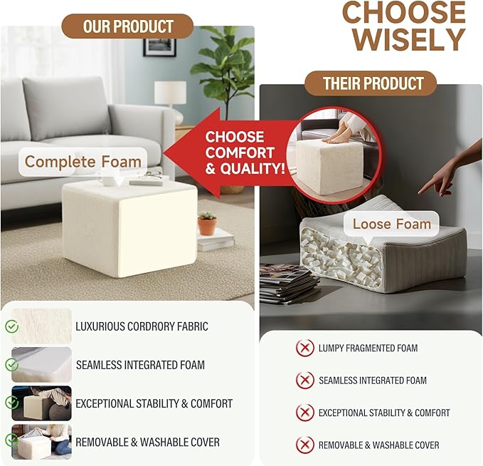 Tiita Square Stuffed Pouf Ottoman, Plush Poufs - Image 5