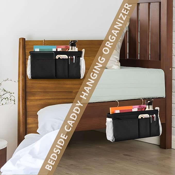 KOPIRIT Black Bedside Caddy Storage Bag Bedside Organizer - Image 7