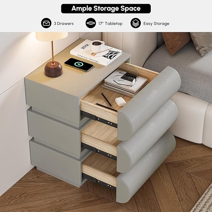 homary Smart Nightstand Modern White Leather Nightstands - Image 9