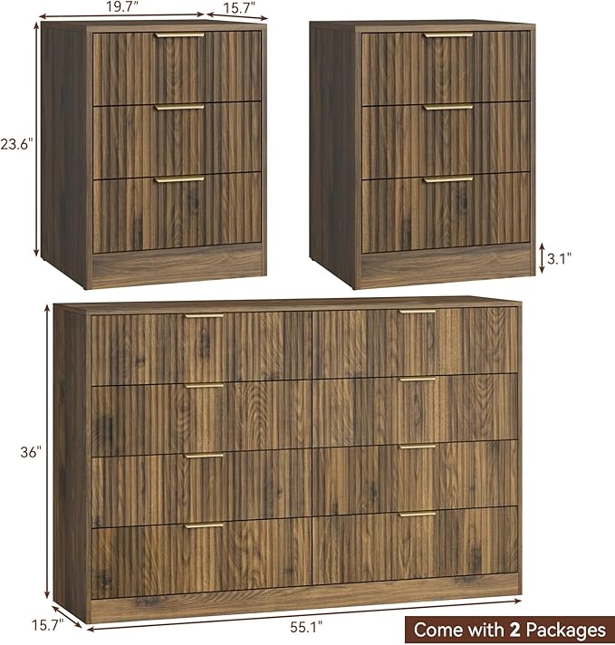 8 Drawer Dresser & 3 Drawer Nightstand Set 3-Piece, Tall Fluted Dresser and - Image 2