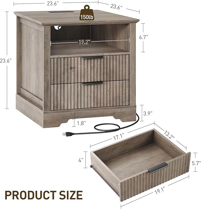 Fluted Nightstand Set of 2, Farmhouse Bedside Table - Image 3