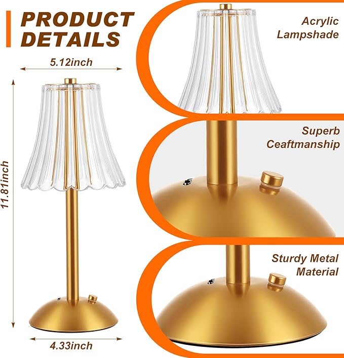 Liliful 12 Pcs Cordless Table Lamp Rechargeable Touch LED Small Gold Portable - Image 2