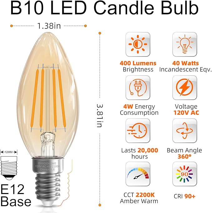 GvvooHome Candelabra Light Bulbs 40 watt Equivalent, E12 LED Bulb Dimmable B10 - Image 2