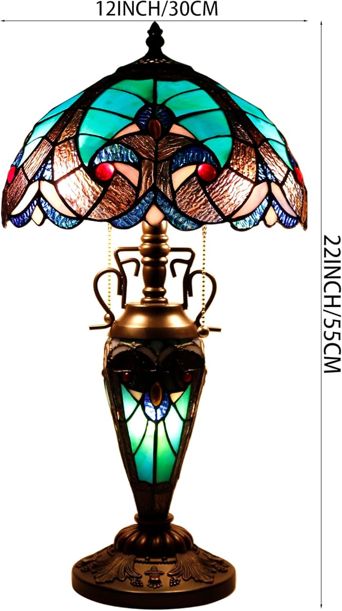 WERFACTORY Tiffany Style Table Lamp Green Stained Glass Liaison Lamp 12X12X22 - Image 7