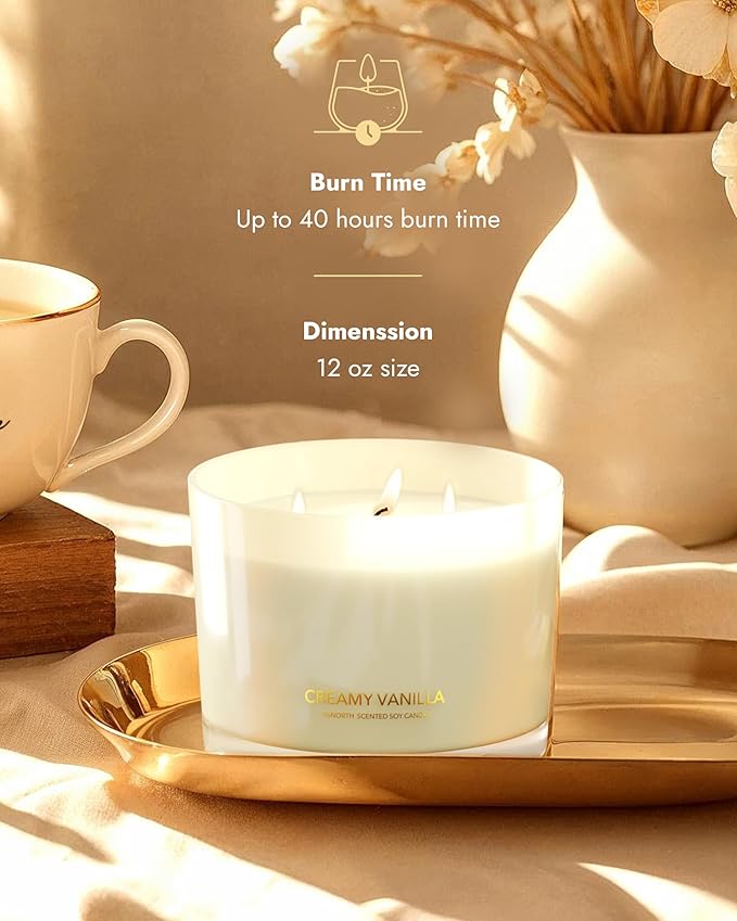 96NORTH Creamy Vanilla Scented Candles | Large 3 Wick Jar Candle | Up to 40 - Image 3