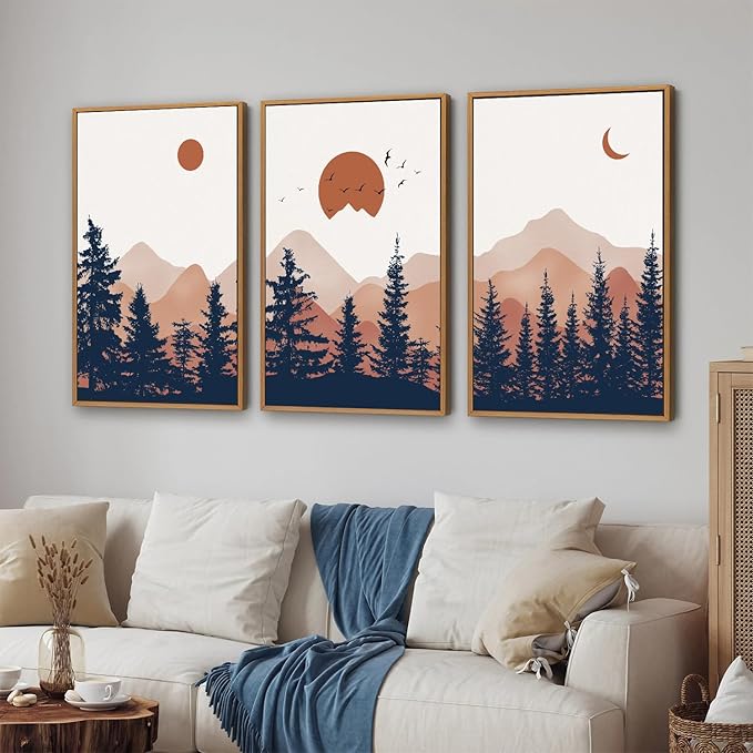 YeeHomedec Large Boho Mountain Framed Canvas Wall Art, Mid Century Modern Wall - Image 6