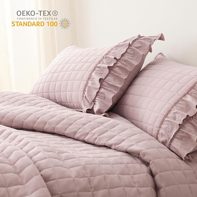 HORIMOTE HOME Dusty Pink Ruffled Quilt Set Twin Size, Classic Geometric Square - Image 4