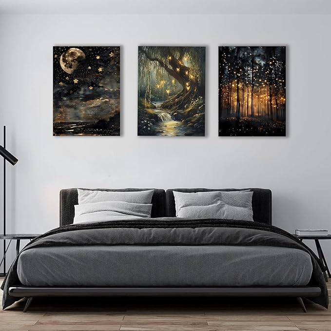 RYZopmuy Forest Wall Art Set – 3 Framed Moon & Fireflies Canvas Prints - Image 4
