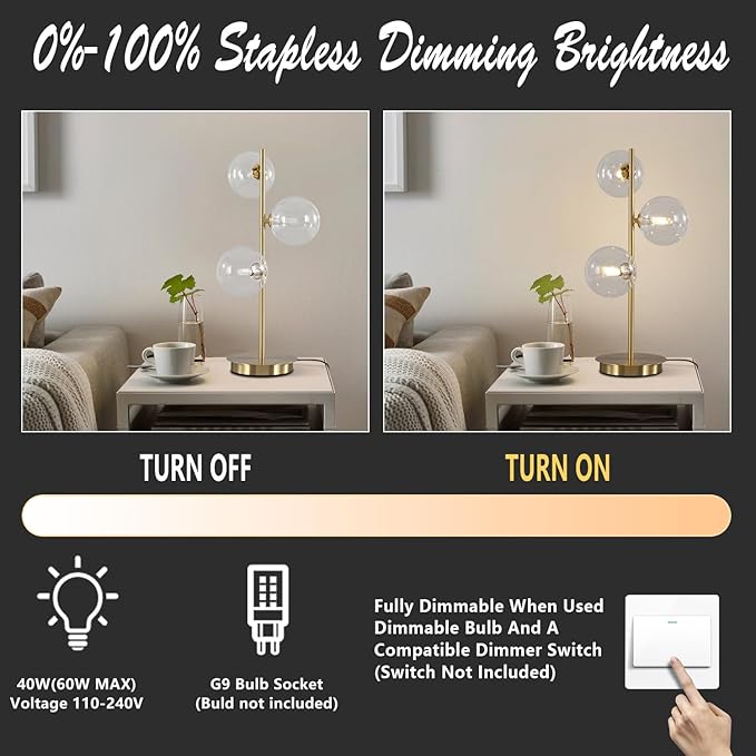 Glass Table lamp Gold, 3-Globe Table lamp Tall, Reading Lamp - Image 4