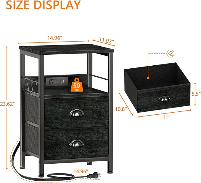 Furologee Nightstand with Charging Station, Side Table with USB Ports, End - Image 3