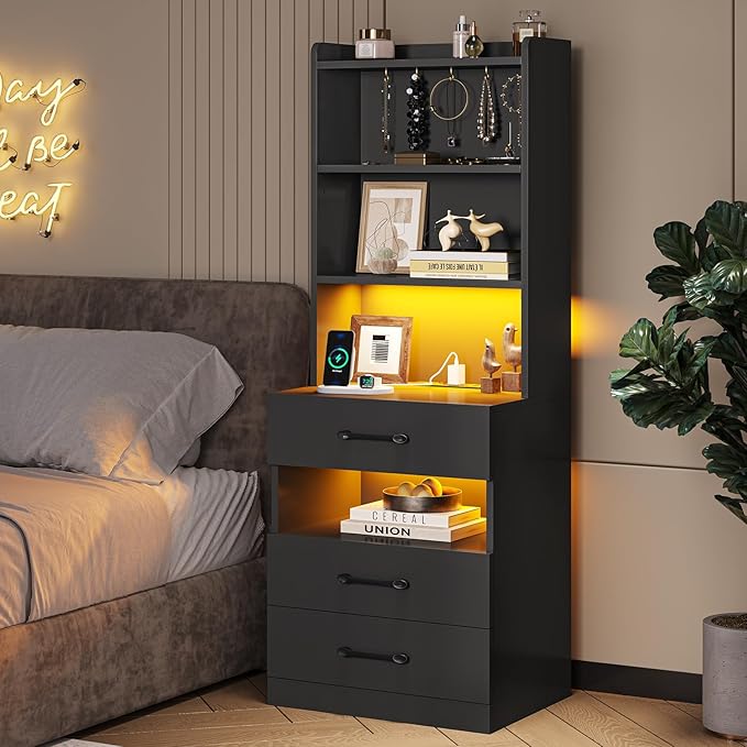 VIAGDO Tall Nightstand with Charging Station and LED Lights, Large Black Night - Image 9