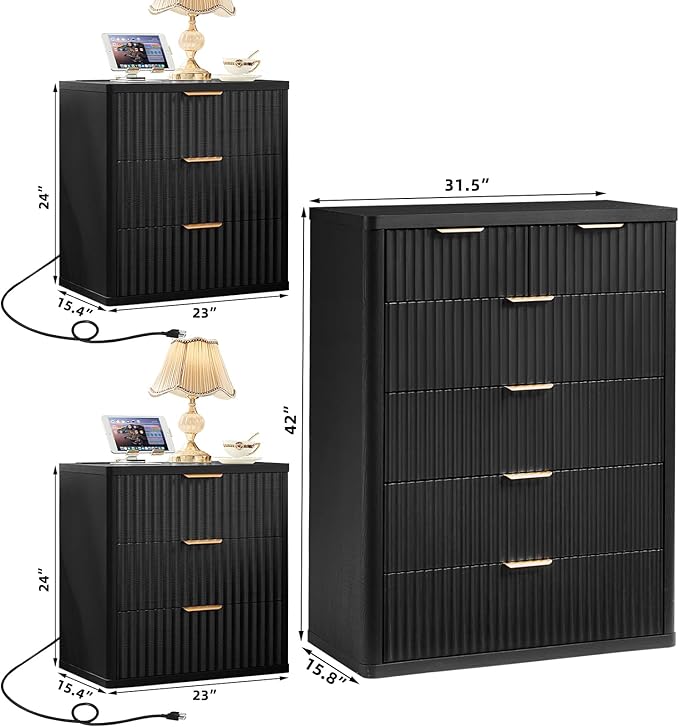 LEYAOYAO 42" Tall Fluted Dresser and 3 Drawers 23" Nightstand Set of 2 - Image 3