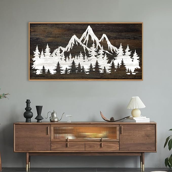 LHIUEM Large Mountain Tree Framed Canvas Wall Art, Modern White Forest Art - Image 4
