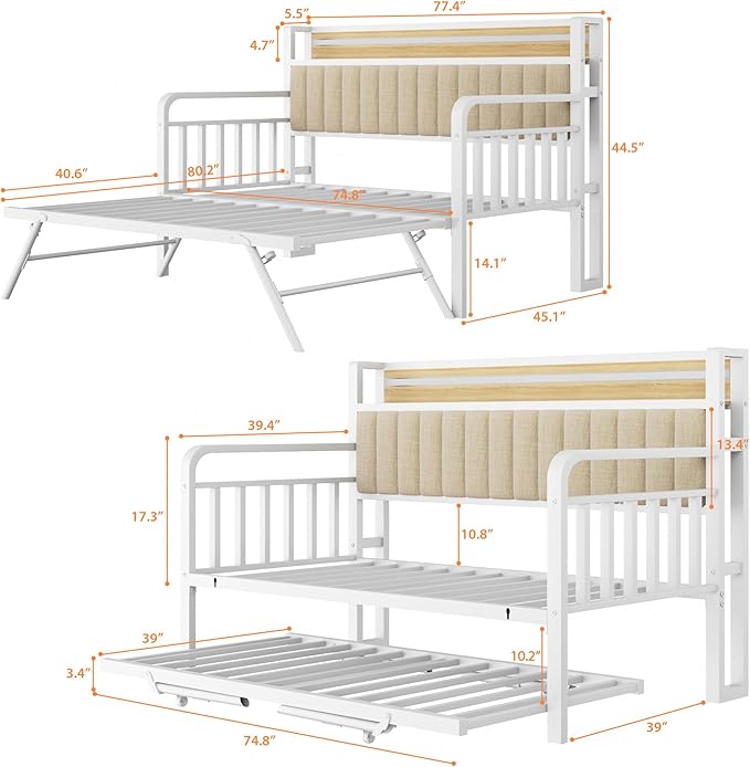 Daybed with Trundle and LED Light, Heavy Duty Metal Twin Bed Frame with - Image 2
