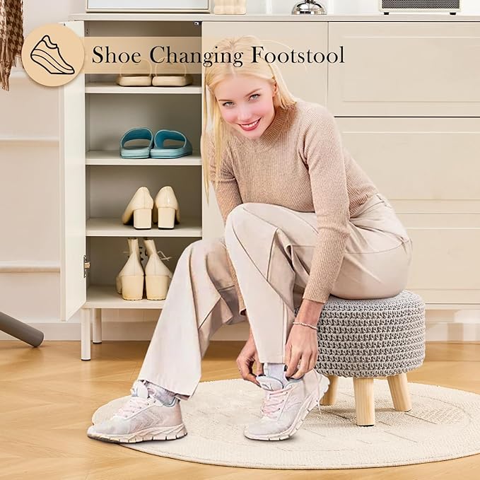 LGENHOOM Boho Ottoman Foot Stool Cotton Knitted Round Pouf Ottoman Foot Rest - Image 4