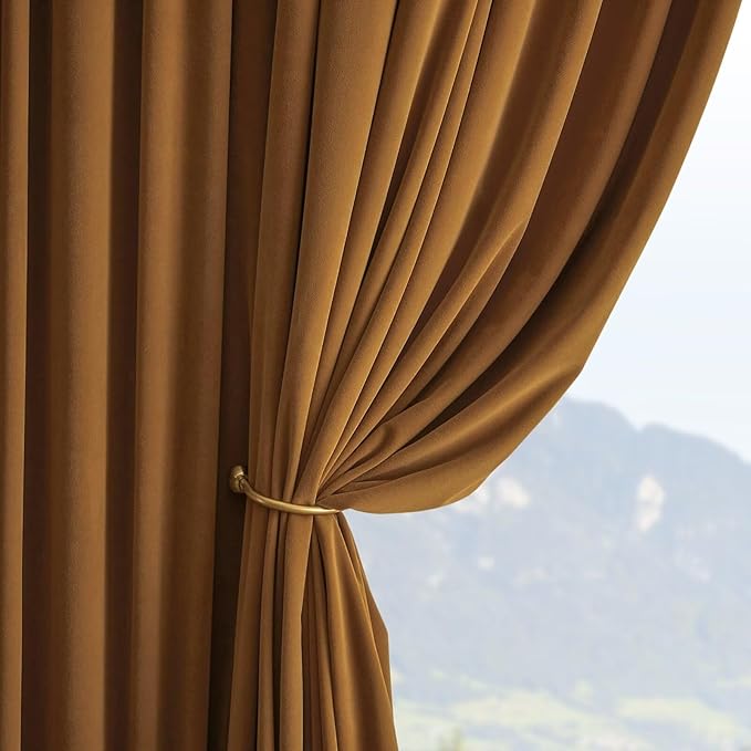 Joydeco Camel Brown Velvet Curtains 108 inch Length 2 Panels, Luxury Blackout - Image 3